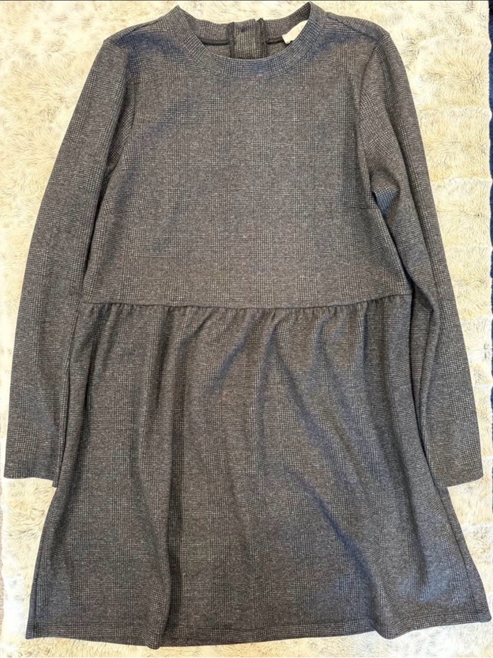 LOFT Glen Plaid Long Sleeve Dress L Button Back Mock Neck Tiered